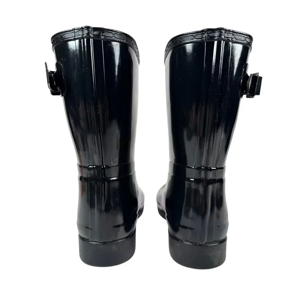 Hunter Original Short Gloss Rain Boots Womens 9 Black Shiny Rubber Adjustable‎